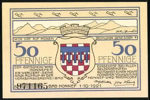 Notgeld Bad Honnef am Rhein, 1921, 50 Pfennig, Stadtansicht und Stadtwappen mit Text und Flugzeugen