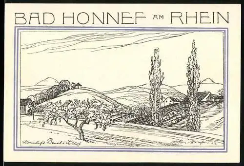 Notgeld Bad Honnef am Rhein 1921, 50 Pfennige, Landschaftszeichnung und Stadtwappen mit Bergmotiv