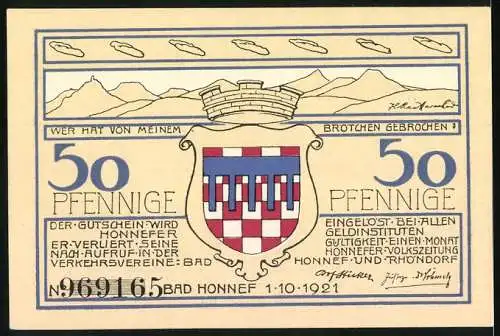 Notgeld Bad Honnef am Rhein, 1921, 50 Pfennig, Landschaft und Stadtwappen mit Einlösebedingungen