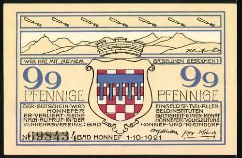 Notgeld Bad Honnef 1921, 99 Pfennig, Alte Kapelle und Dorfeingang in Rhöndorf