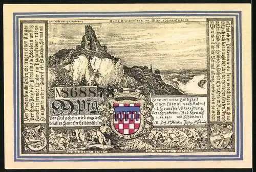 Notgeld Bad Honnef am Rhein, 1921, 99 Pfennig, Landschaftsansicht und Burgruine Drachenfels