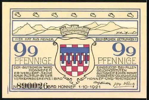 Notgeld Bad Honnef am Rhein, 1921, 99 Pfennig, Landschaftszeichnung und Stadtwappen