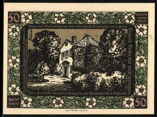 Notgeld Kalbsrieth, 1920, 50 Pfennig, Reiter auf Pferd und Kalbsriether Schloss