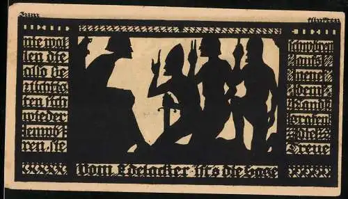 Notgeld Freyburg / Unstrut 1921, 50 Pfennig, Silhouetten von Figuren und Burg auf Hügel