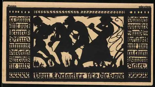 Notgeld Freyburg / Unstrut 1921, 50 Pfennig, Scherenschnitt-Tanzszene und Burgansicht