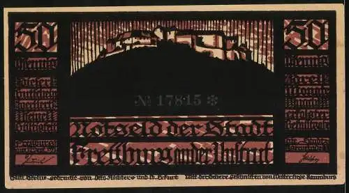 Notgeld Freyburg / Unstrut 1921, 50 Pfennig, Scherenschnitt-Tanzszene und Burgansicht