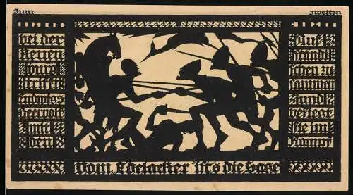Notgeld Freyburg / Unstrut 1921, 50 Pfennig, Silhouetten von Kämpfern und Schloss auf Hügel