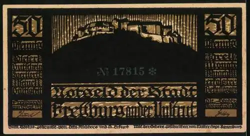 Notgeld Freyburg / Unstrut 1921, 50 Pfennig, Silhouetten von Kämpfern und Schloss auf Hügel