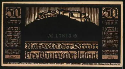 Notgeld Freyburg / Unstrut 1921, 50 Pfennig, Silhouetten von Figuren und Burgansicht