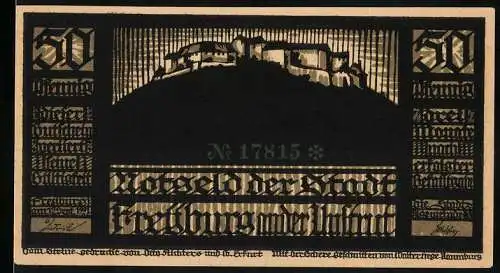 Notgeld Freyburg / Unstrut, 50 Pfennig, Burgansicht und Silhouetten von Gefangenen
