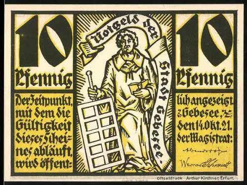 Notgeld Gebesee, 1921, 10 Pfennig, Stadtansicht mit umliegenden Burgen und Gedicht