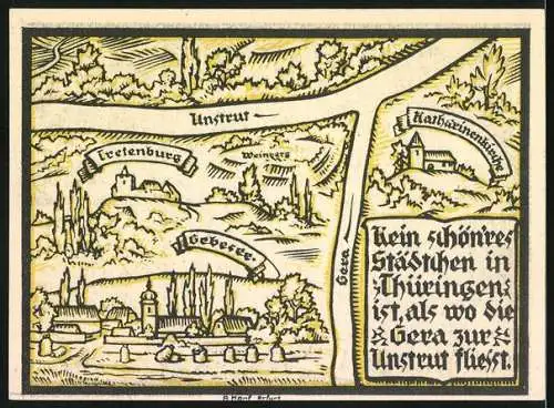 Notgeld Gebesee, 1921, 10 Pfennig, Stadtansicht mit umliegenden Burgen und Gedicht