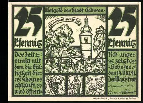 Notgeld Gebesee 1921, 25 Pfennig, Laurentiuskirche und Bonifatius bringt das Christentum