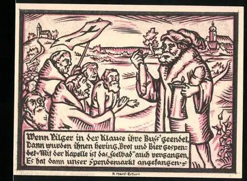 Notgeld Gebesee, 1921, 50 Pfennig, Pilger und Rathaus Illustration