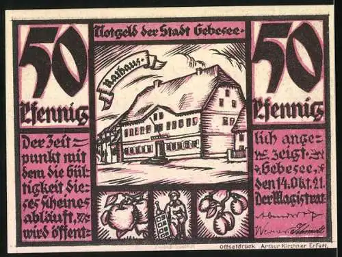 Notgeld Gebesee, 1921, 50 Pfennig, Pilger und Rathaus Illustration