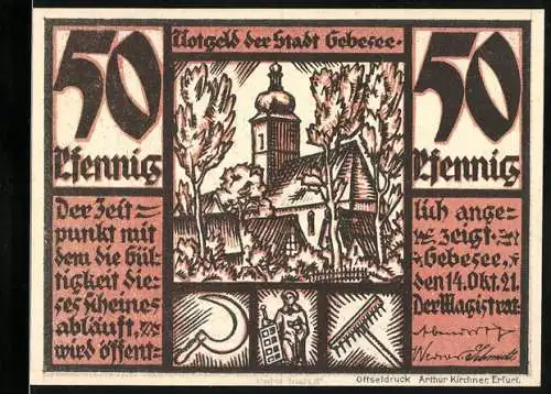 Notgeld Gebesee, 1921, 50 Pfennig, Abbildung der Kirche und Szenen des Thüringer Raubrittergerichts