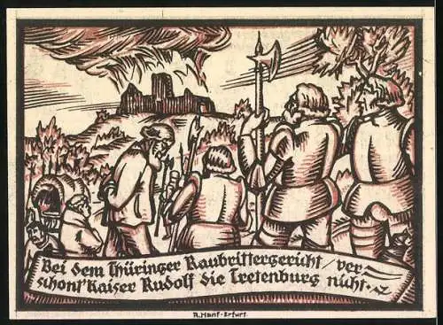 Notgeld Gebesee, 1921, 50 Pfennig, Abbildung der Kirche und Szenen des Thüringer Raubrittergerichts