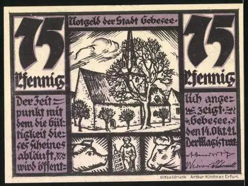 Notgeld Gebesee 1921, 75 Pfennig, Illustration von Mönchen und Kirche, Texte über Grenztrinken und Gültigkeit