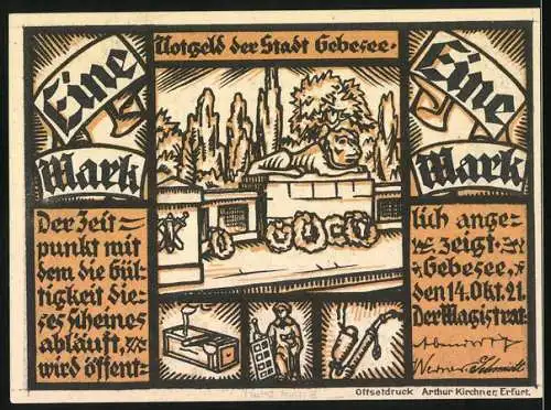 Notgeld Gebesee, 1921, Eine Mark, Holzschnitt mit Szenen von Kartoffelnot und Stadtsiegel