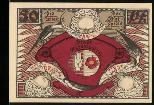 Notgeld Altenburg, 1921, 50 Pfennig, Stadt Altenburg mit fantasievollen Illustrationen und roten Herzen