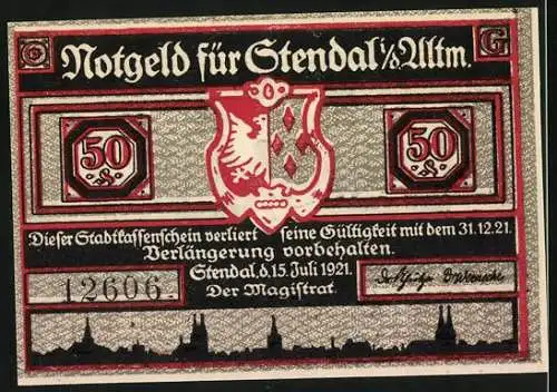 Notgeld Stendal 1921, 50 Pfennig, Illustration mit Bären und Stadtwappen