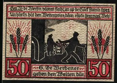 Notgeld Stendal 1921, 50 Pfennig, Darstellung mit Stadtwappen und Silhouette der Stadt