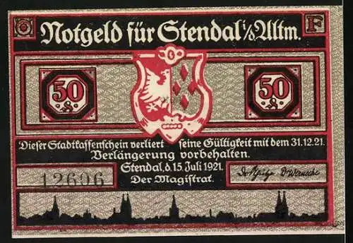 Notgeld Stendal 1921, 50 Pfennig, Darstellung mit Stadtwappen und Silhouette der Stadt