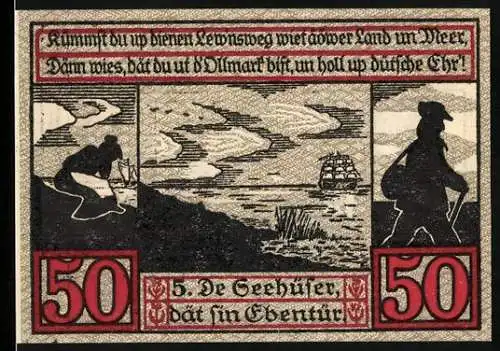 Notgeld Stendal 1921, 50 Pfennig, Seefahrt und Stadtwappen mit Silhouette