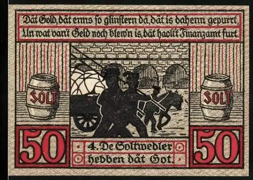 Notgeld Stendal, 1921, 50 Pfennig, Abbildung von Salzfässern und Silhouetten von Arbeitern, Stadtwappen und Gültigkeit