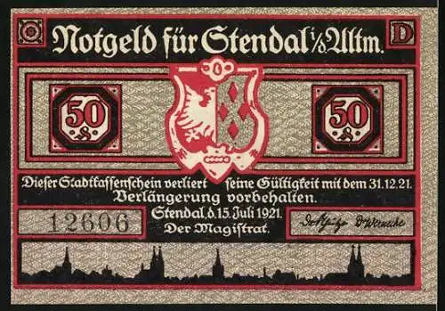 Notgeld Stendal, 1921, 50 Pfennig, Abbildung von Salzfässern und Silhouetten von Arbeitern, Stadtwappen und Gültigkeit