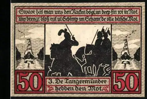 Notgeld Stendal, 1921, 50 Pfennig, Vorderseite mit Rittern und Rückseite mit Stadtwappen und Gültigkeitshinweis