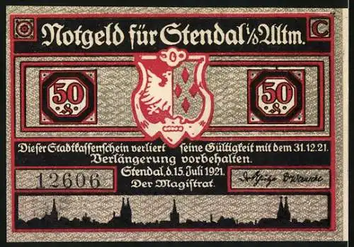 Notgeld Stendal, 1921, 50 Pfennig, Vorderseite mit Rittern und Rückseite mit Stadtwappen und Gültigkeitshinweis