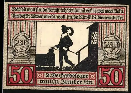 Notgeld Stendal, 1921, 50 Pfennig, Silhouette eines Mannes mit Fass und Gebäuden im Hintergrund