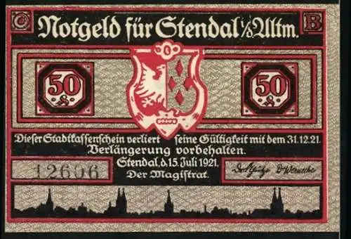 Notgeld Stendal, 1921, 50 Pfennig, Silhouette eines Mannes mit Fass und Gebäuden im Hintergrund