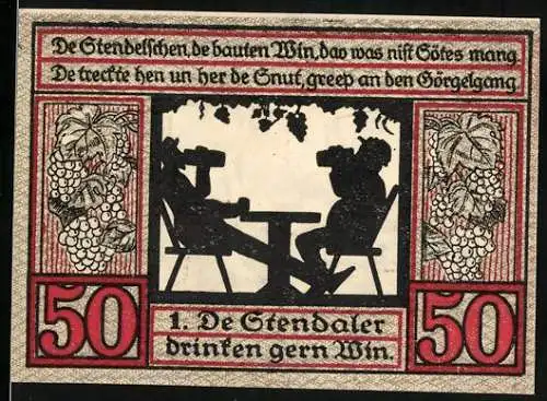 Notgeld Stendal, 1921, 50 Pfennig, Silhouette von Wein trinkenden Personen und Wappen der Stadt