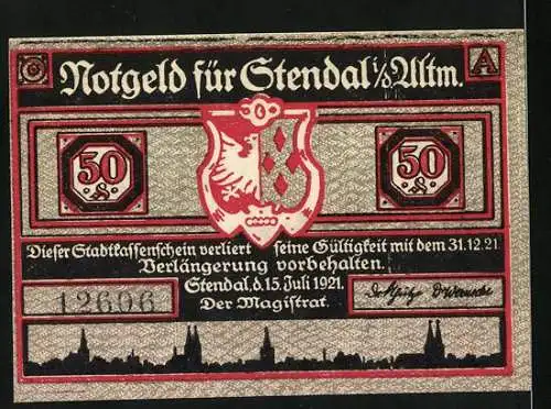 Notgeld Stendal, 1921, 50 Pfennig, Silhouette von Wein trinkenden Personen und Wappen der Stadt