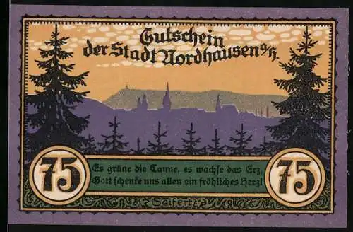 Notgeld Nordhausen, 1921, 75 Pfennig, Der wilde Mann und Tannenbäume im Hintergrund