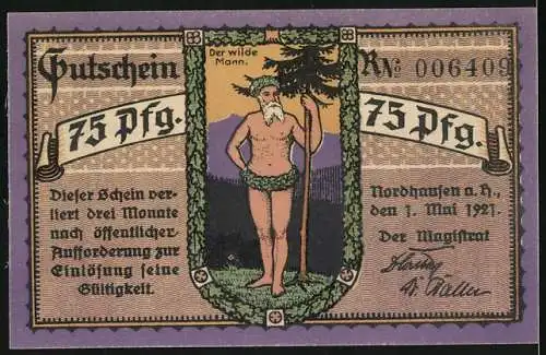 Notgeld Nordhausen, 1921, 75 Pfennig, Der wilde Mann und Tannenbäume im Hintergrund