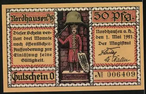 Notgeld Nordhausen 1921, 50 Pfennig, Die Finkenburg und Der Roland