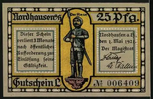 Notgeld Nordhausen 1921, 25 Pfennig, Alte Stadtbefestigung und Der Riese