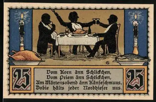 Notgeld Nordhausen 1921, 25 Pfennig, Drei Personen beim Abendessen und Stadtwappen mit Gültigkeitshinweis