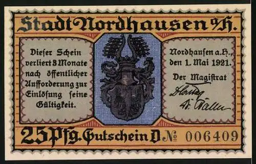 Notgeld Nordhausen 1921, 25 Pfennig, Drei Personen beim Abendessen und Stadtwappen mit Gültigkeitshinweis