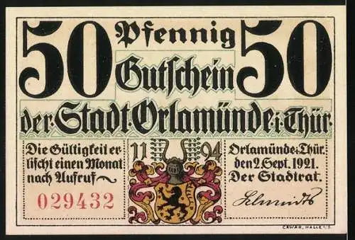 Notgeld Orlamünde, 1921, 50 Pfennig, Schlacht bei Saalfeld und Stadtwappen, Seriennummer 029432