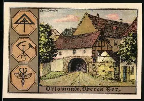 Notgeld Orlamünde, 1921, 50 Pfennig, Oberes Tor Abbildung und Stadtwappen, Seriennummer 020652