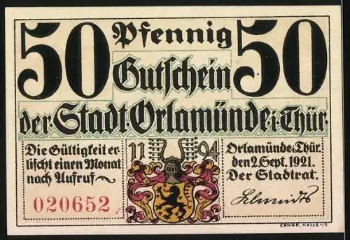 Notgeld Orlamünde, 1921, 50 Pfennig, Oberes Tor Abbildung und Stadtwappen, Seriennummer 020652