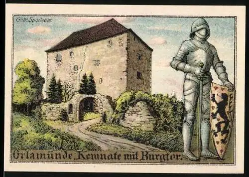 Notgeld Orlamünde, 1921, 50 Pfennig, Gutschein der Stadt Orlamünde Thür., Ritter und Burgtor