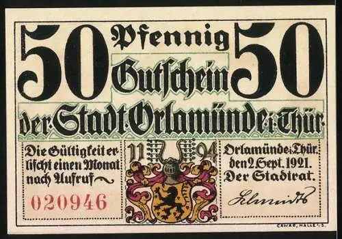 Notgeld Orlamünde, 1921, 50 Pfennig, Gutschein der Stadt Orlamünde Thür., Ritter und Burgtor