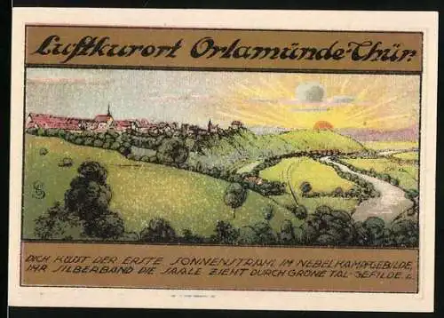 Notgeld Orlamünde Thür, 1921, 50 Pfennig, Gutschein der Stadt Orlamünde mit Landschaftsdarstellung und Stadtwappen