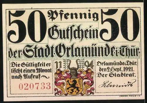 Notgeld Orlamünde Thür, 1921, 50 Pfennig, Gutschein der Stadt Orlamünde mit Landschaftsdarstellung und Stadtwappen