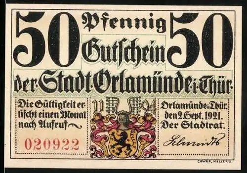 Notgeld Orlamünde 1921, 50 Pfennig, Gutschein mit Wappen und Rückseite mit Burgansicht und Geist